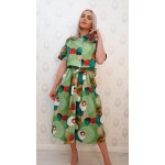 Compleu verde cu imprimeu,top camasa si fusta